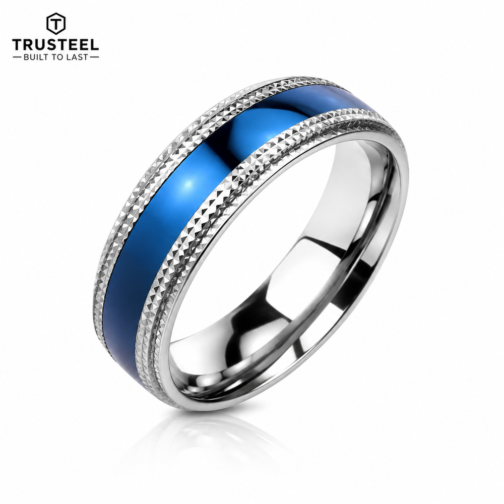 Womens 316L Stainless Steel Ring Wedding Band Comfort Fit Silver Blue 6mm Size 7